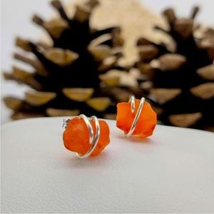 14K Gold Plated Orange Raw Druzy Carnelian Crystal Gemstone Stud Earrings